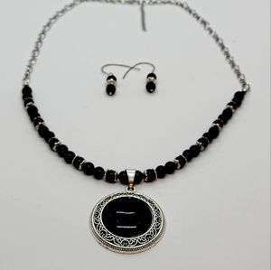 Blue Goldstone Gemstone Pendant Stainless Steel Necklace and Earrings Set